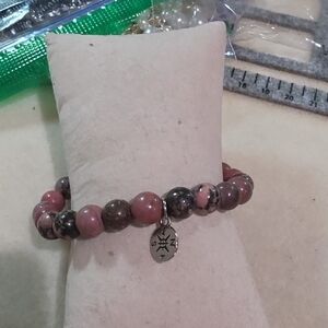 Rhodonite Beaded Stretch Bracelet with Compass Charm - Pink